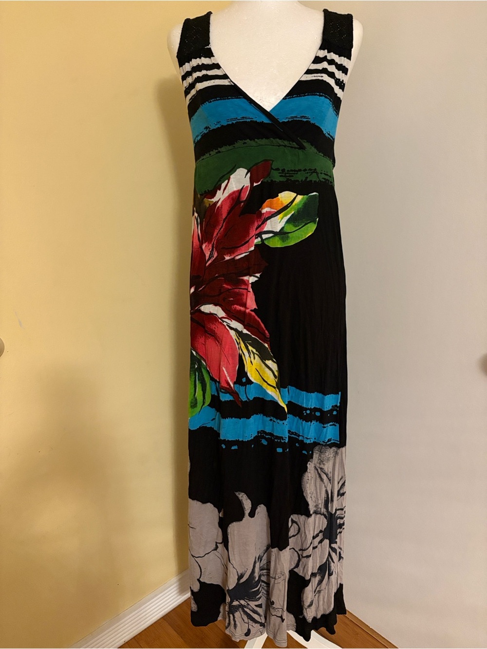 Desigual Black Maxi Dress with Red Floral and Blue-Green Stripes